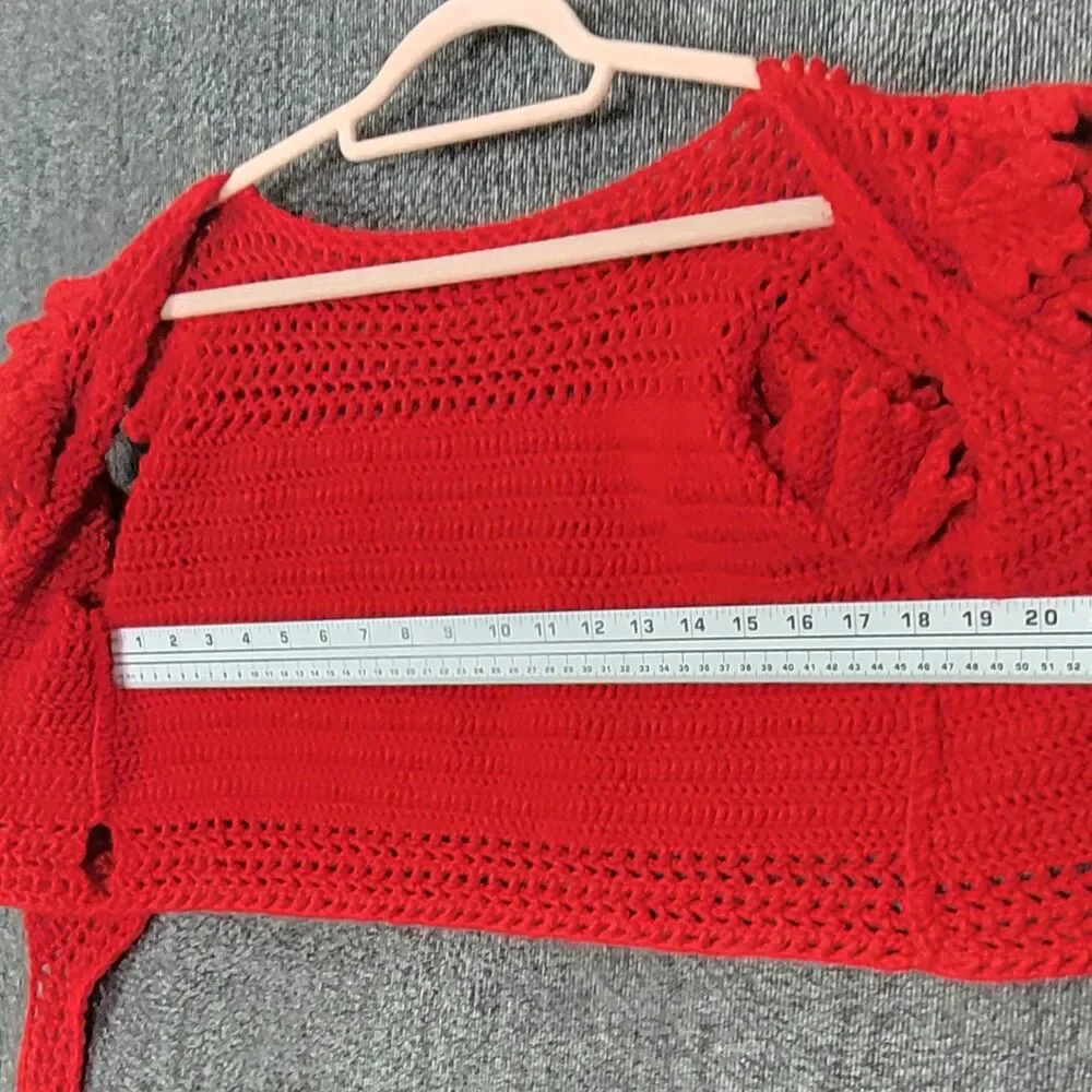 Handmade Crochet Knit Crop Top Womens S Red Short Ruffle Sleeve Wrap Tie Waist